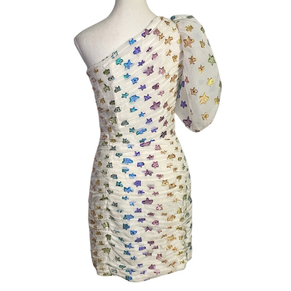 Shoshanna Midnight White Ruched One-Shoulder Metallic Star Y2K Party Mini Dress - Picture 2 of 15